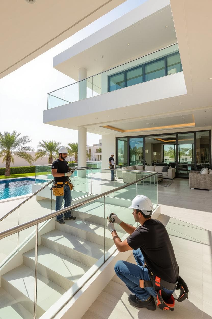 Pillarstone team installing glass railings at a luxury UAE villa